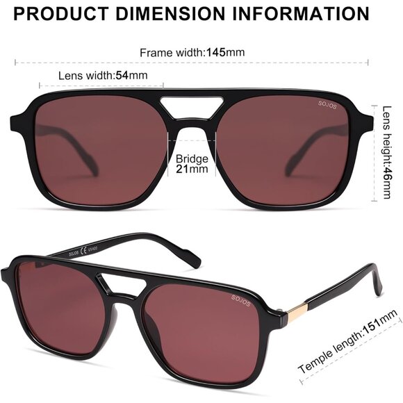 Sojos Women Mens Black Frame Trendy Rectangle Retro Aviator Shades Sunglasses - Picture 5 of 6